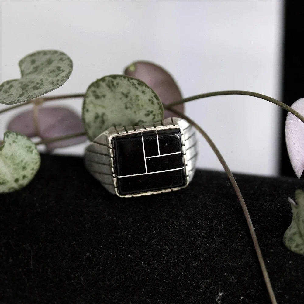 Sterling Silver Black Inlay Geometric Signet Ring Size 13 Modernist Design